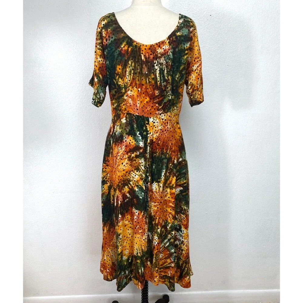 Vintage Womans Midi Dress Medium  Rayon Orange Tie-Dye Boho Peasant Y2K Festival